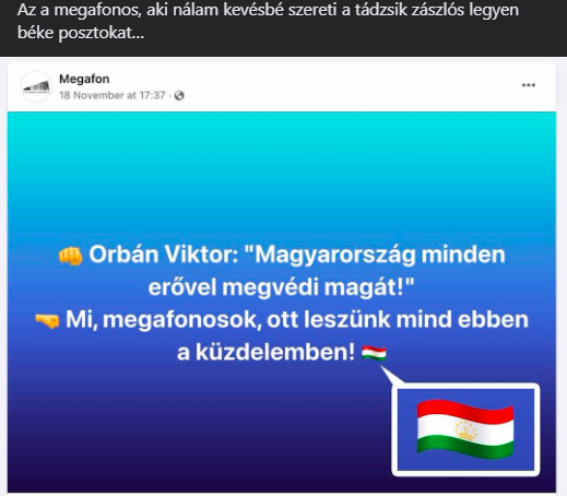 A Megafon tádzsik zászlóval tett hűségesküt Orbán Viktor és Magyarország megvédése mellett